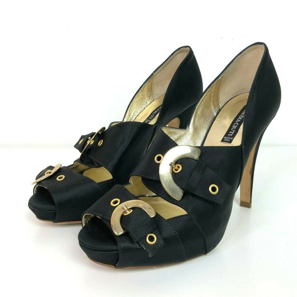 Claudia Ciuti Black Satin 90s Gold Buckle Heel